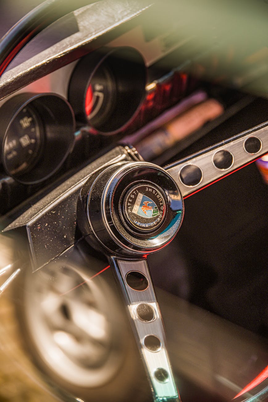 vintage car steering wheel close up